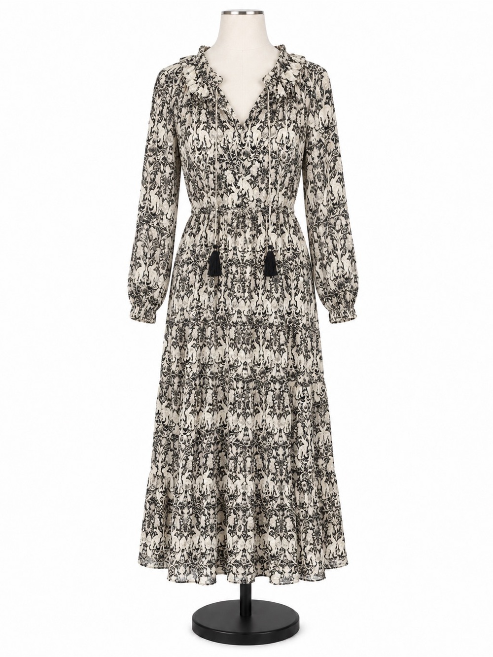 Anthropologie Black & White Printed Chiffon Maxi Dress Size Medium Tassel Tie